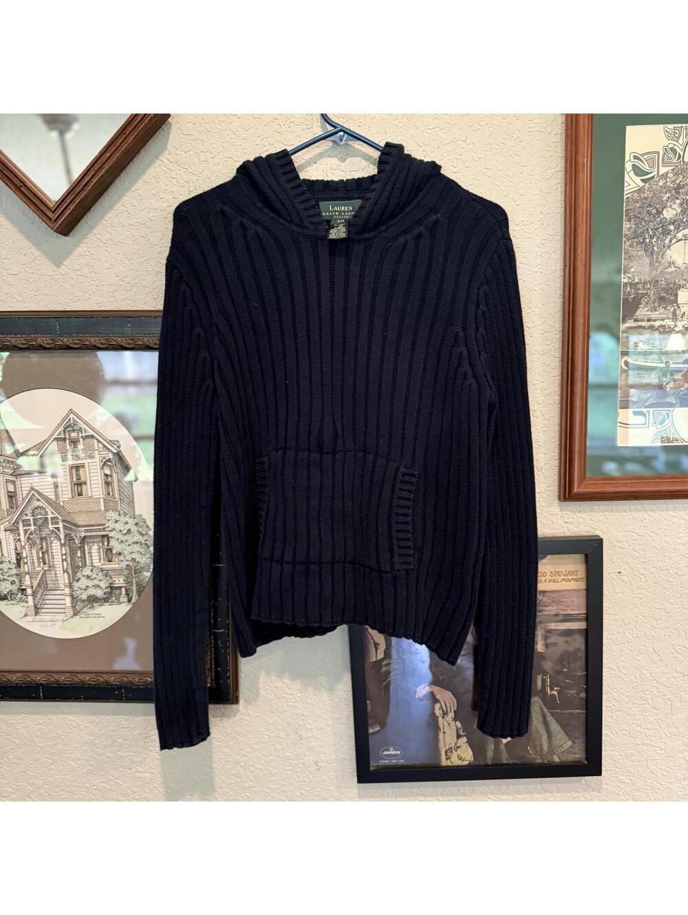 Vintage 90s Lauren Ralph Lauren Navy Ribbed Knitted Hoodie Petite Medium Womens